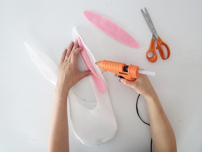 gluing diy no-sew bunny bag