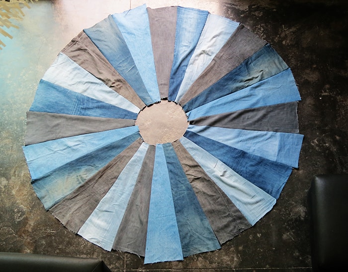sewing a DIY recycled denim rug