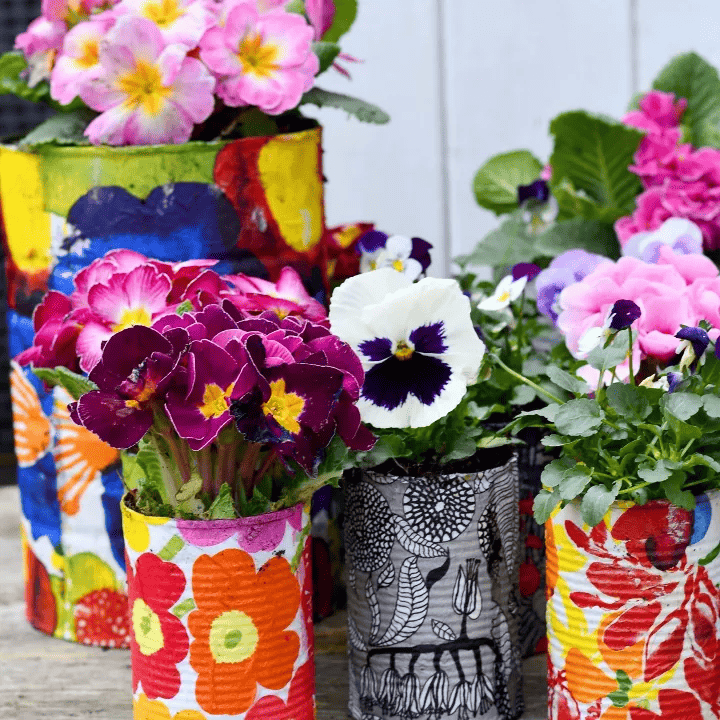 colorful tin can planters